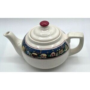 Vtg Oneida Holiday Harbor Teapot Christmas Village Scene USA